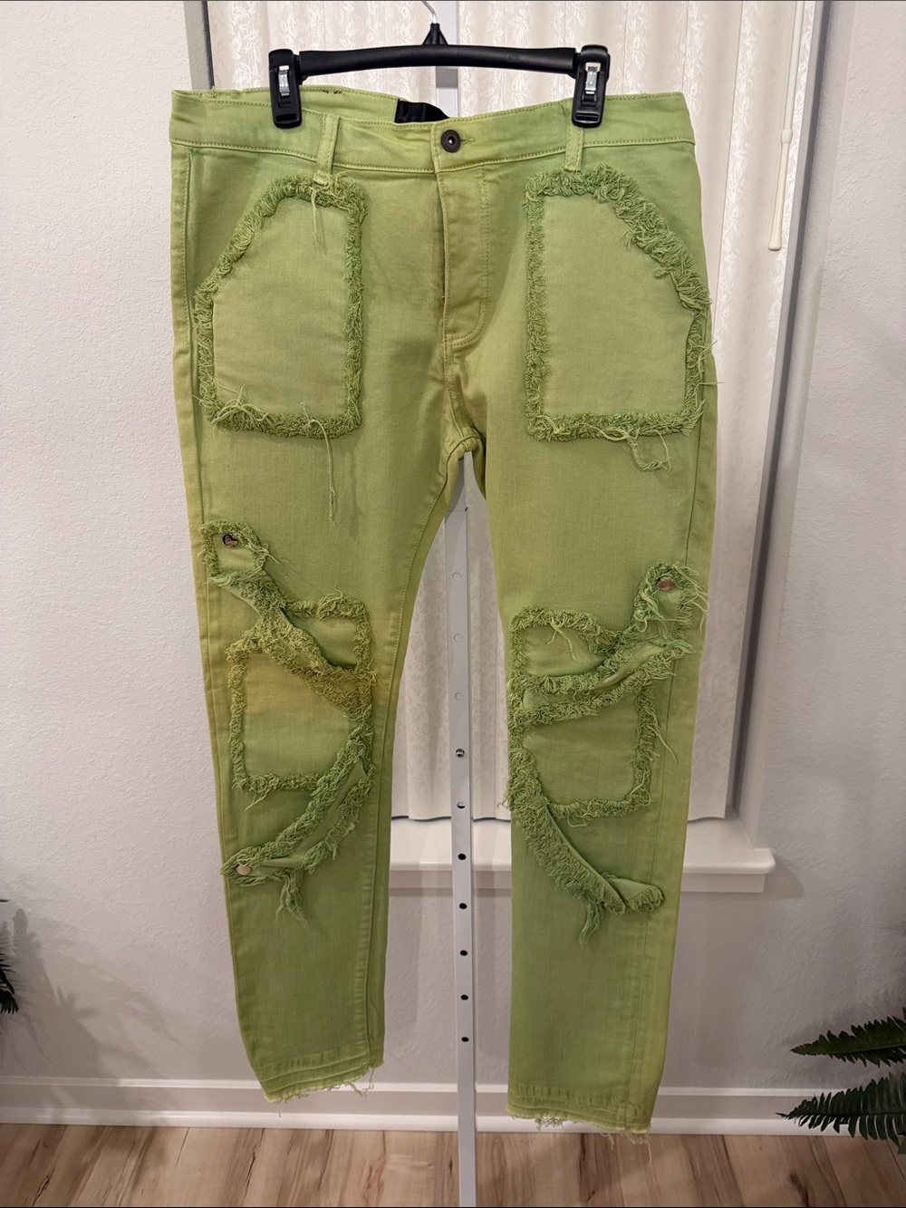 Men's Straight Jeans in Light Green with Distressed Patchwork